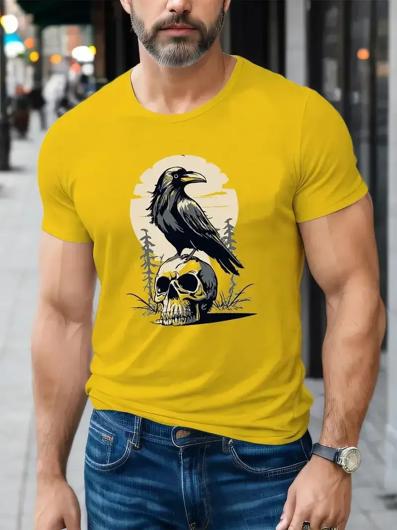 Casual Short Sleeve Crew Neck T-shirt,Men's Clothing For Summer Outdoor Skull And Crow Pattern Print Men's Creative Top cotton