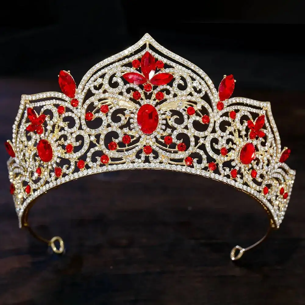 Red Crystal Miss Bridal Crown For Pageant Diadem Vintage Rhinestone Tiara Wedding Headdress For Party Jewelry Hair Accessory