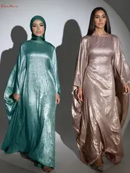 Fashion Shiny Bat sleeved Muslim Dress Robe  Female Full Length Soft Butterflies Abaya Muslim Dress Worship Service Abaya wy2035