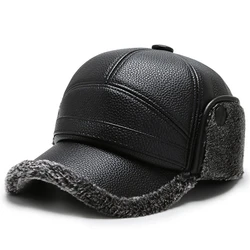 Men Winter Baseball Hat Leather Fur Snapback Caps with Earmuffs Ear Protection Bomber Hats Fishing Skiing Warm Visors Casquette