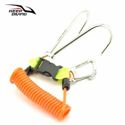 316 Stainless Steel Double Reef Hook with Spiral Coil Lanyard & Quick-release Buckle & O-ring Scuba Diving BCD Safe Equipment