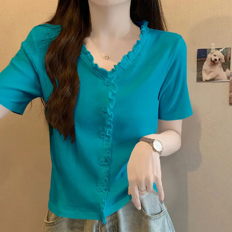 Solid Color Lace Collar Cardigan T Shirt for Women 2024 Summer Button Office Top