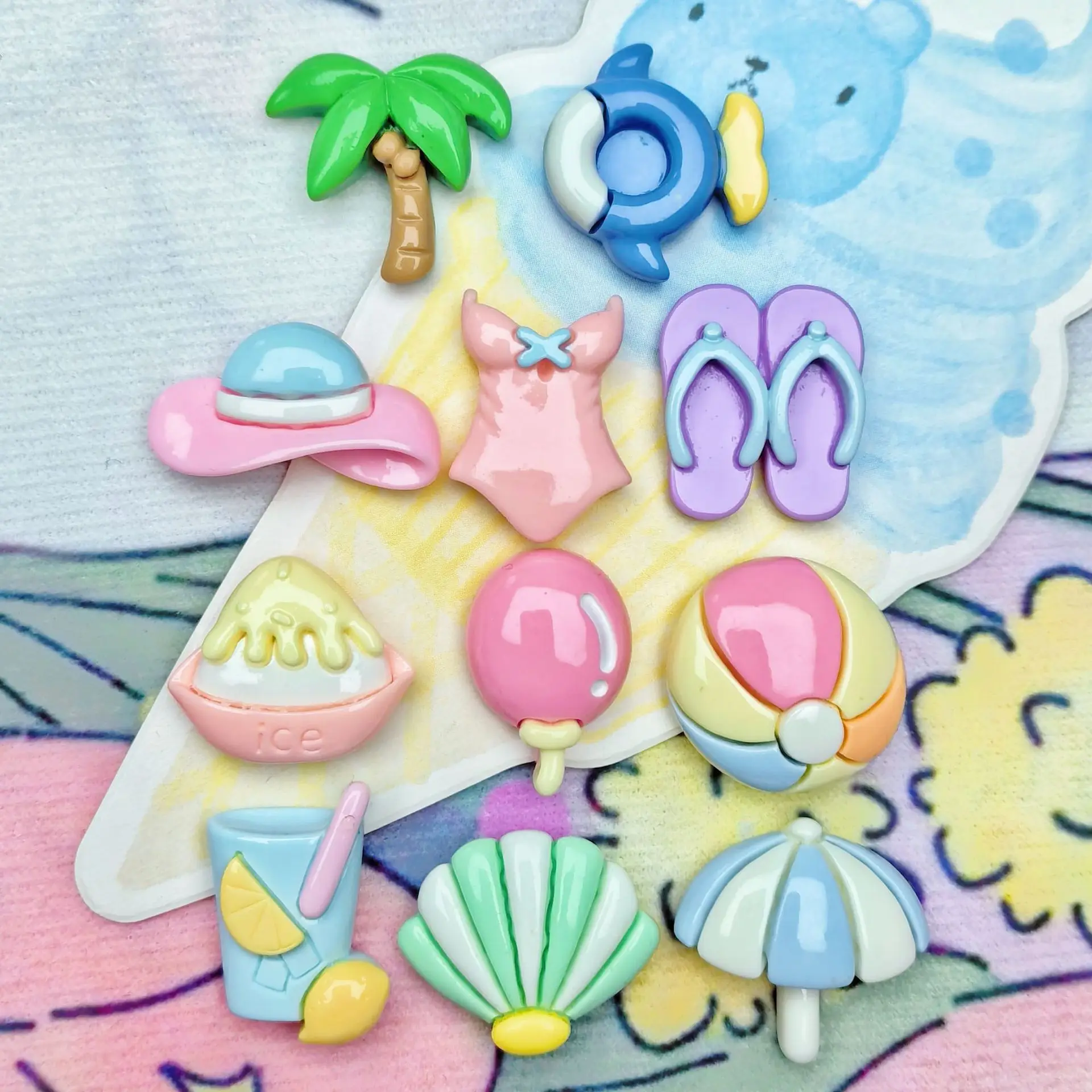 

100pcs Kawaii Flatback Resin Swimsuit Slippers Cap Beach Coconut Ttrees Scrapbooking Embellishments DIY Accessories