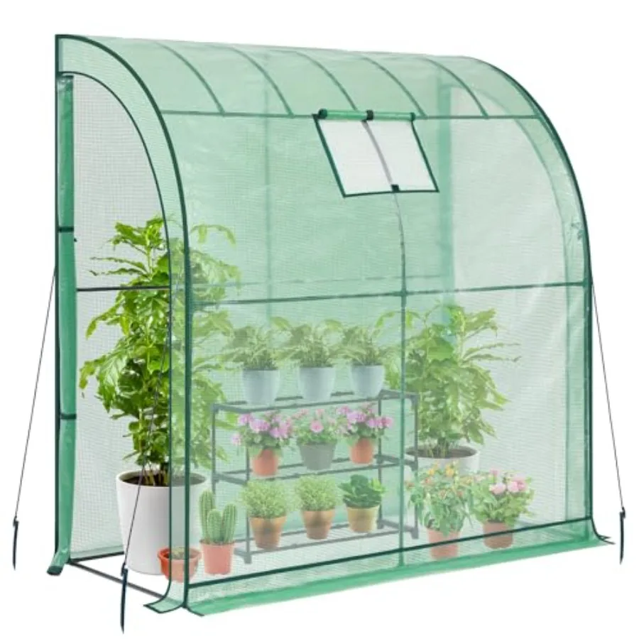 

Portable lean-to house with 3-tier steel shelves, black powder-coated finish, reinforced structure and mesh windows for outdoor