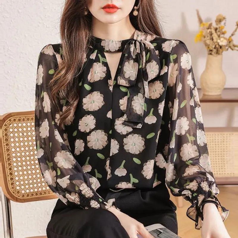 Female Clothing Broken Flowers Blouse Fashion Cut Out Round Neck Spring Long Sleeve Shirring Commute Elegant Bandage Bow Shirt