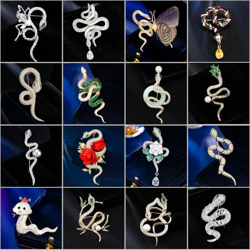 Retro Fashion Design Zodiac Animal Snake Brooch for Women and Men Luxury Zircon Elegant Pearl Corsage Personality Accessory Pin