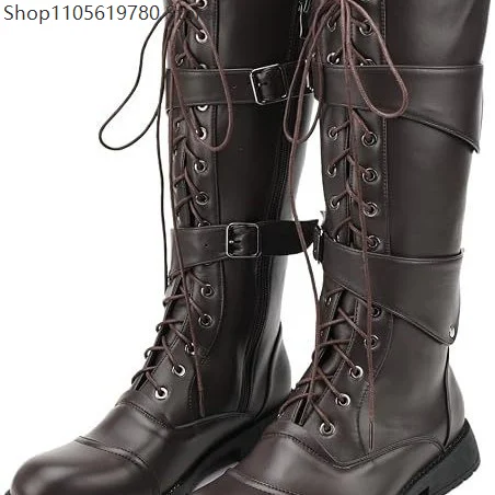 Medieval Renaissance Mens Tall Cosplay Boots Black Faux Leather Lace Up Buckle Knee Boots Pirate Role Play Footwear For Party 3