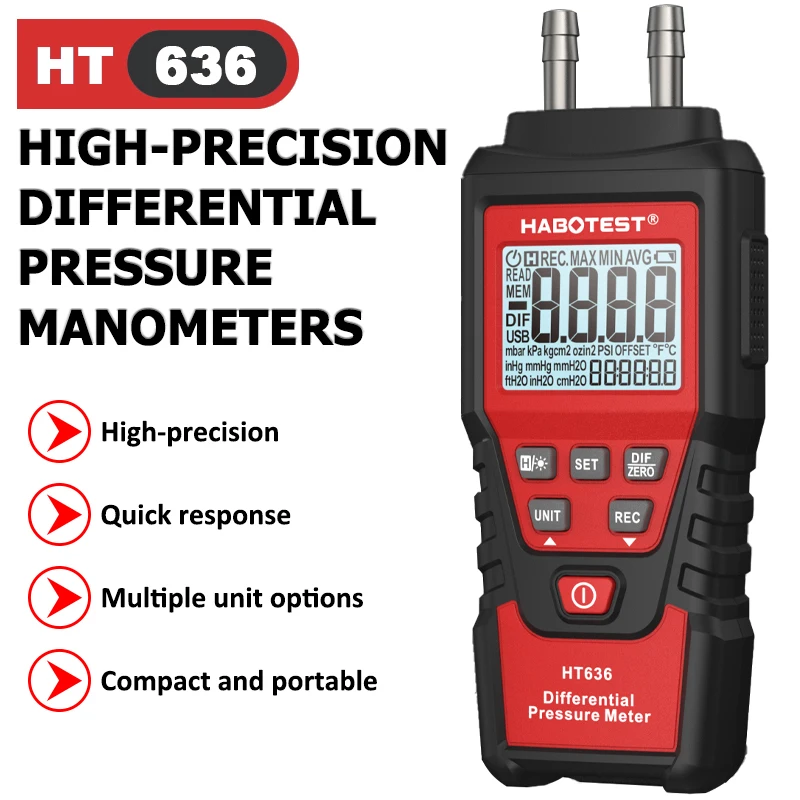 HT636 Manometer Digital Surface Pressure Difference Measure Wind Air Pressure Differential Pressure Gauge Meter 12 Pressure Unit