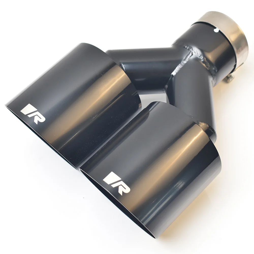 R Dual Car Modification Glossy Black Stainless Steel Universal  Exhaust Pipe Double Muffler Tip Equal Length Slash Cut