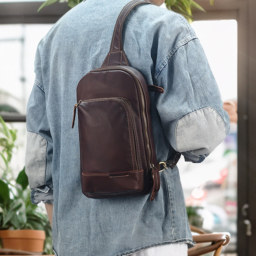 New crazy leather men's chest bag for outdoor travel large capacity crossbody bag retro and simple men's chest bag
