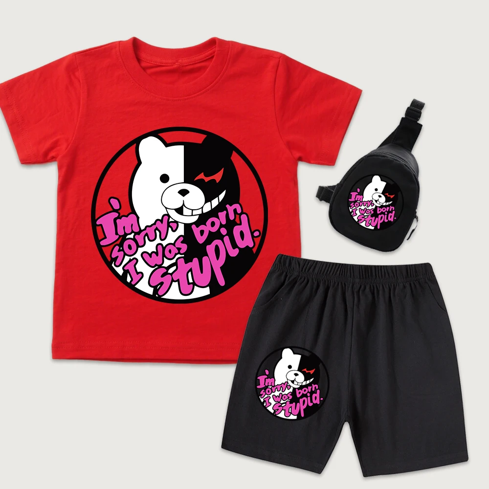 Kids Danganronpa Was Born Stupid Anime Print Cotton T Shirt Shorts Mini Chest Bag 3Pcs Set for Boys Girls Casual Summer Outfit