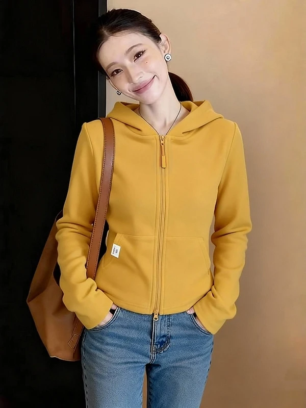 

Женская толстовка-кардиган на молнии с капюшоном, больших размеров, с эффектом стройности, корейский стиль, весна 2026