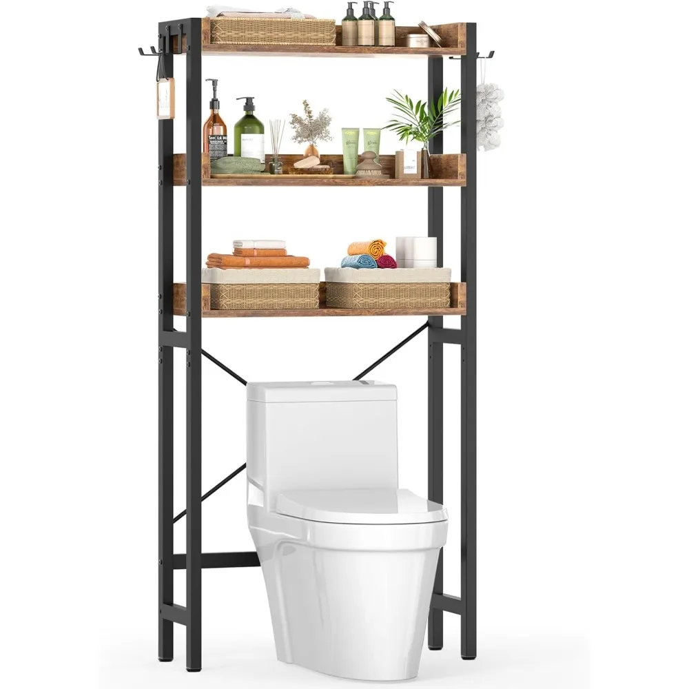 Over-The-Toilet Storage Rack, 3-Tier Bathroom Organizer Shelf Over Toilet, Freestanding Space Saver Toilet Stands with 4 Hooks