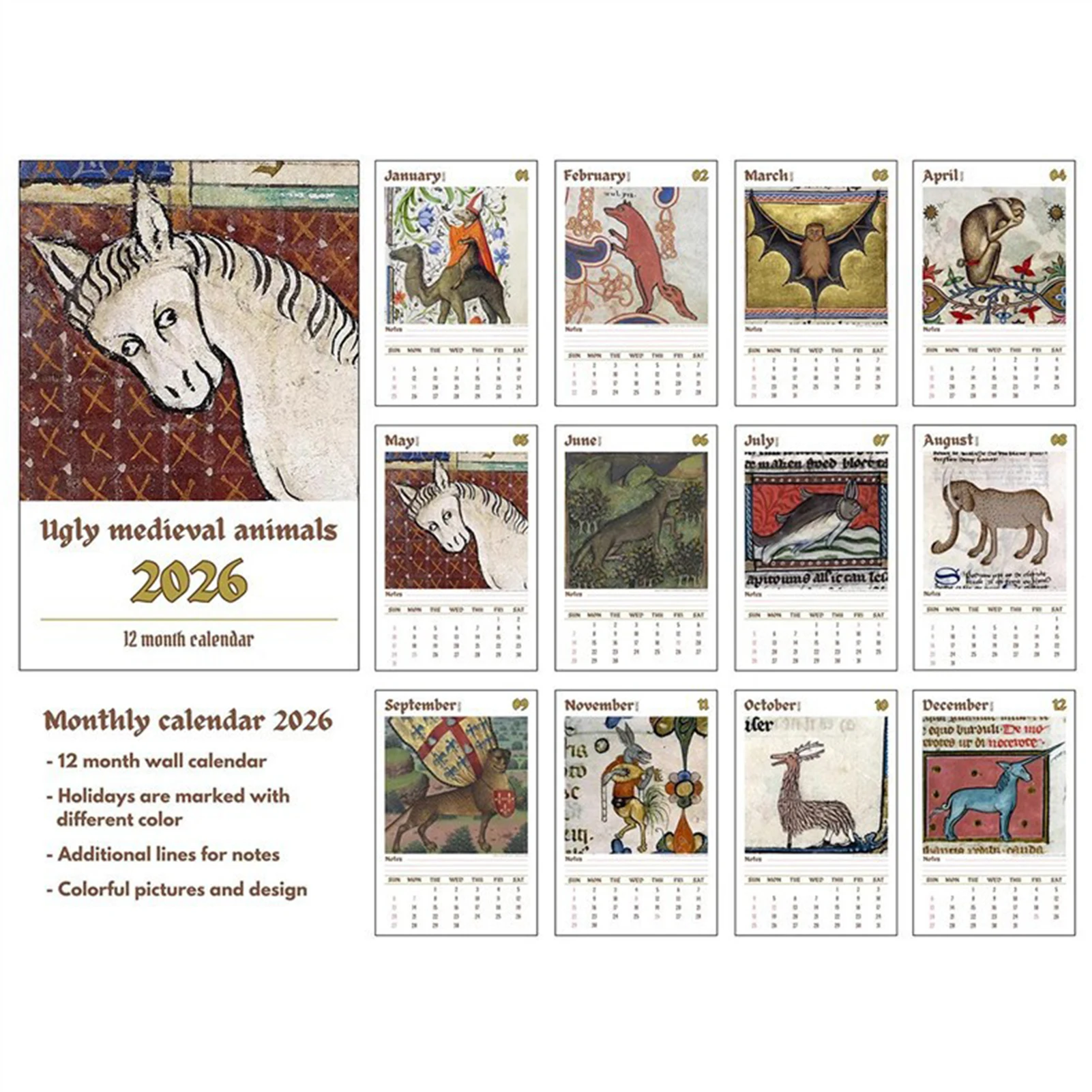 2026 Wall Calendar with Medieval Animal Theme Ugly Style Humorous Illustration Design for Office Home Decor and Gift Use