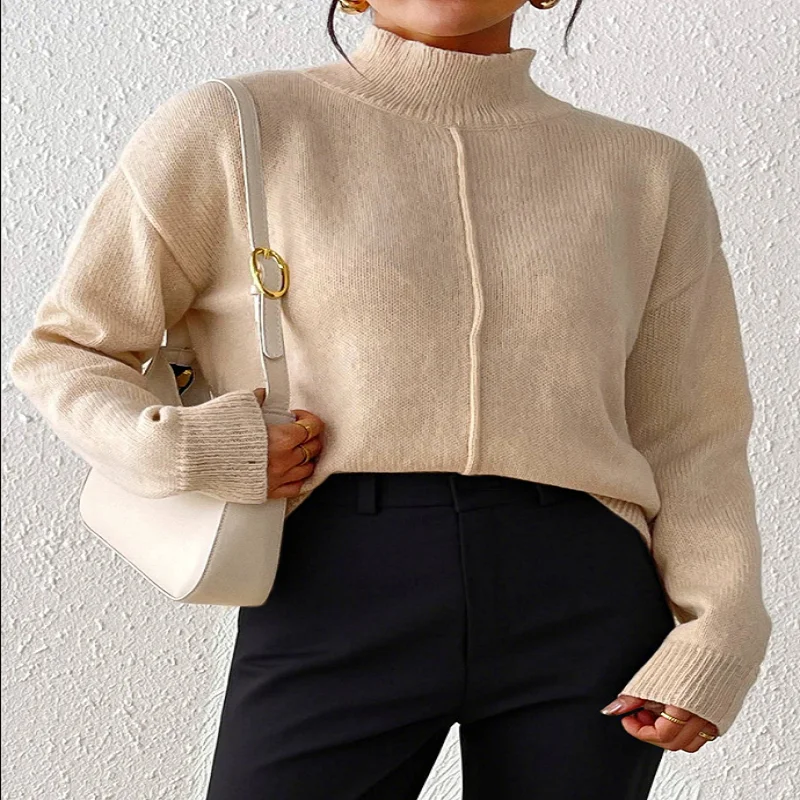 

Осень-зима 2025 г., повседневный женский свитер с длинными рукавами и высоким воротом, однотонный вязаный пуловер, свободная женская одежда