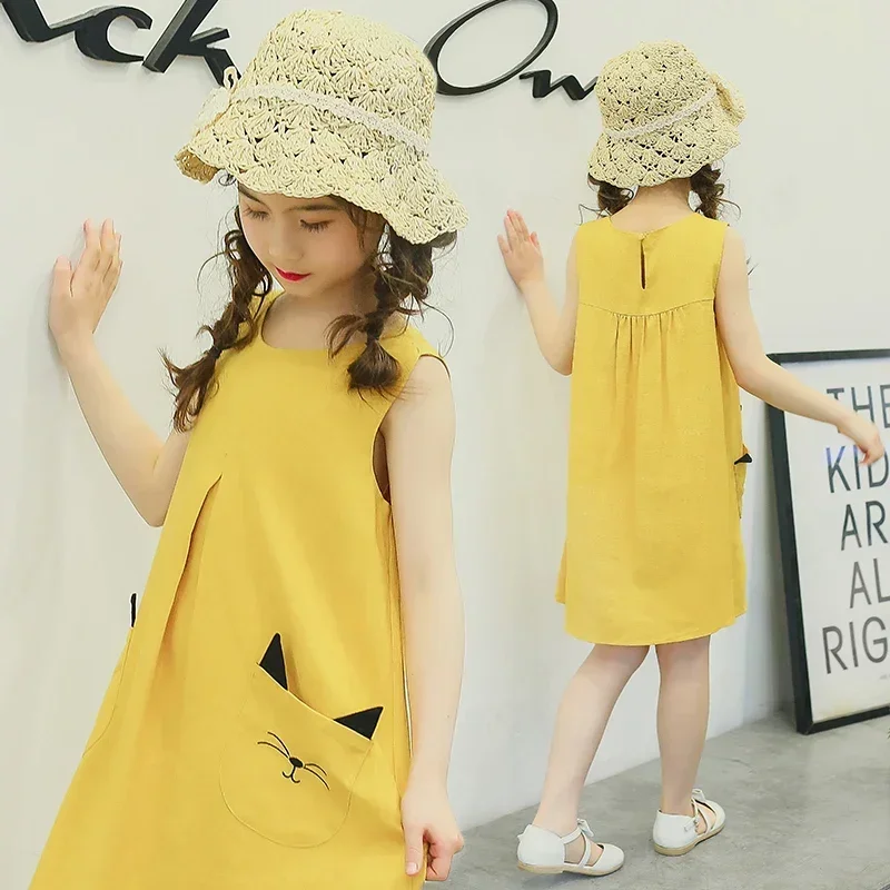 

Girls Summer Dresses 2023 Teens Kids Dresses for Girls Clothing Summer Cartoon Cat Princess Girls Dress Teenage Children's Dress