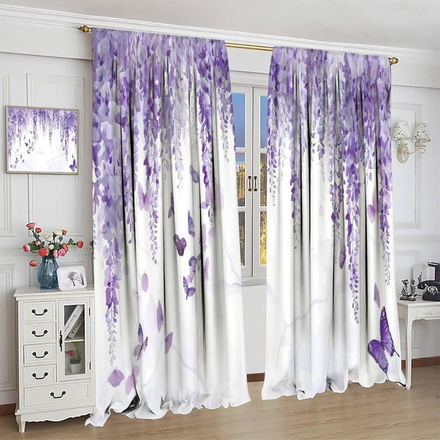 Butterfly Curtains, Lilac Flowers Marble Butterfly Background Blackout Window Treatments, Rod Pocket Thermal Insulated Drapes