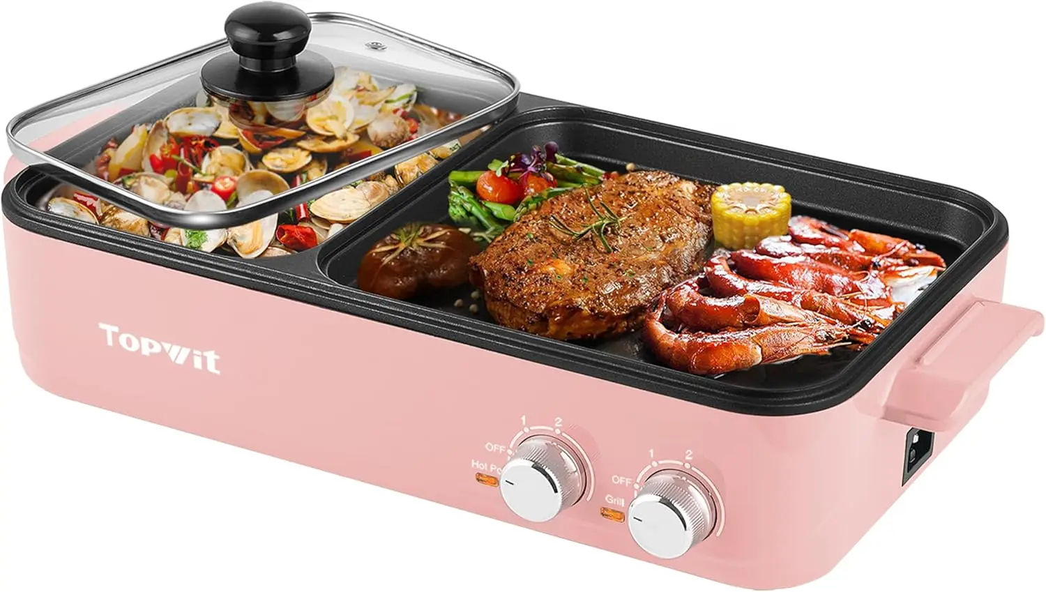 

2 in 1 Hot Pot with Grill, Electric Non-Stick Indoor BBQ for Steaks, Shabu Shabu, Noodles, Simmer and Fry, Dual Temperature Control, Pink