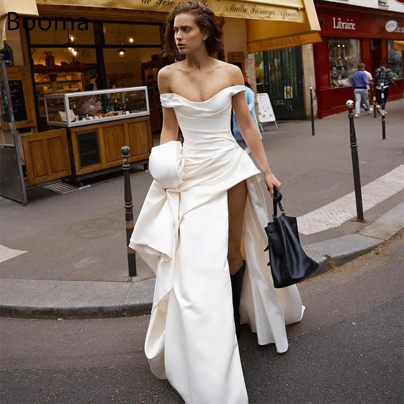 

Booma Mermaid Off The Shoulder Side Split Satin Wedding Dresses Sleeveless Pleat Elegant Brides Gown Custom Made 2025