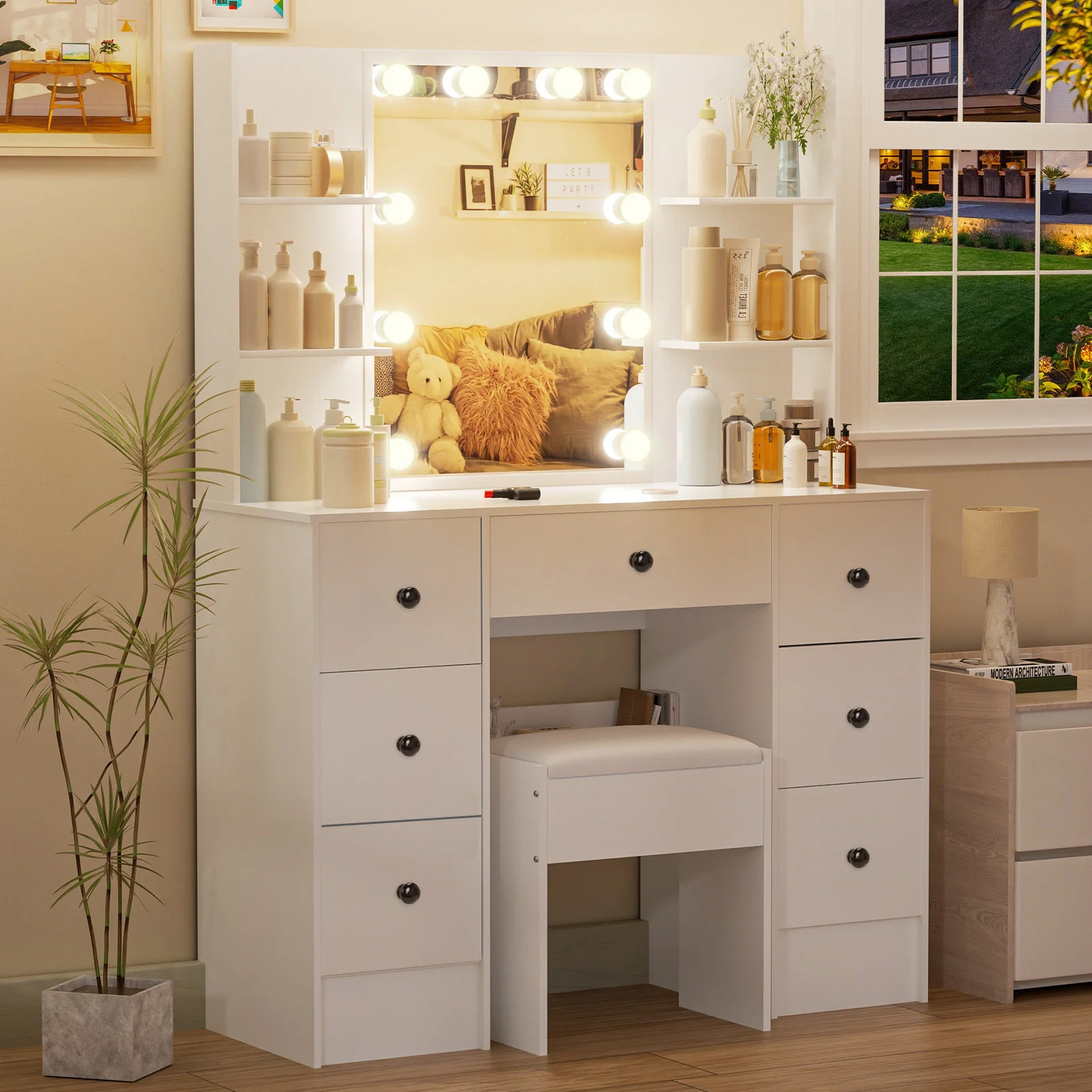 Teousev White Modern Vanity Set with 10 LED Lighted Mirror 5 Drawers & Stool 3 Color Dimmable Easy Assembly Bedroom Dressers