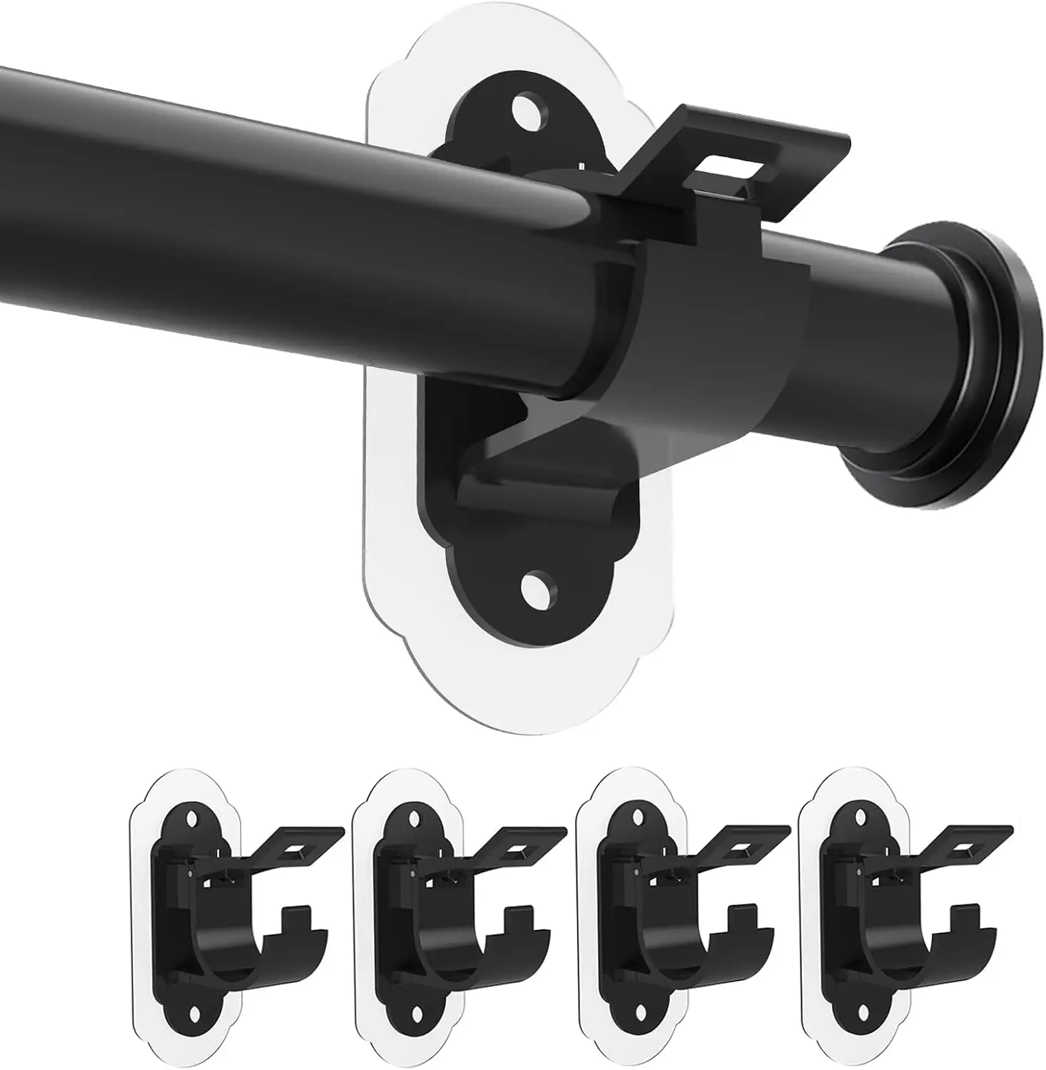 

No Drill Curtain Rod Brackets 4 Pack, Self Adhesive Curtain Rod Holders with Screws for 5/8 to 1.5 Inch Rods, Stick on Towel Rod