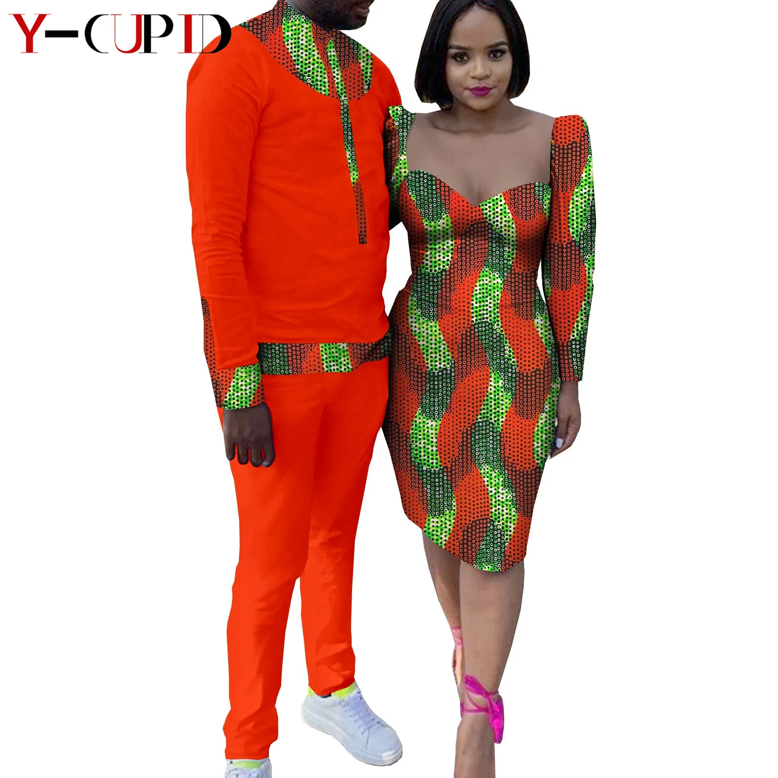 

African Clothes for Couples Dashiki Sexy Women Ankara Print Lace Yarn Dresses Matching Men Outfit Shirts and Pants Sets Y22C010