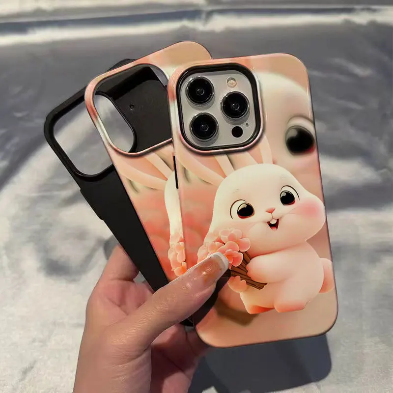 2 In 1 Phone Case for iPhone  15 14 11 13 12 11 Pro Max Plus  Hard PC Cover Funda Silicone Inner Layer CoquePink Rabbit