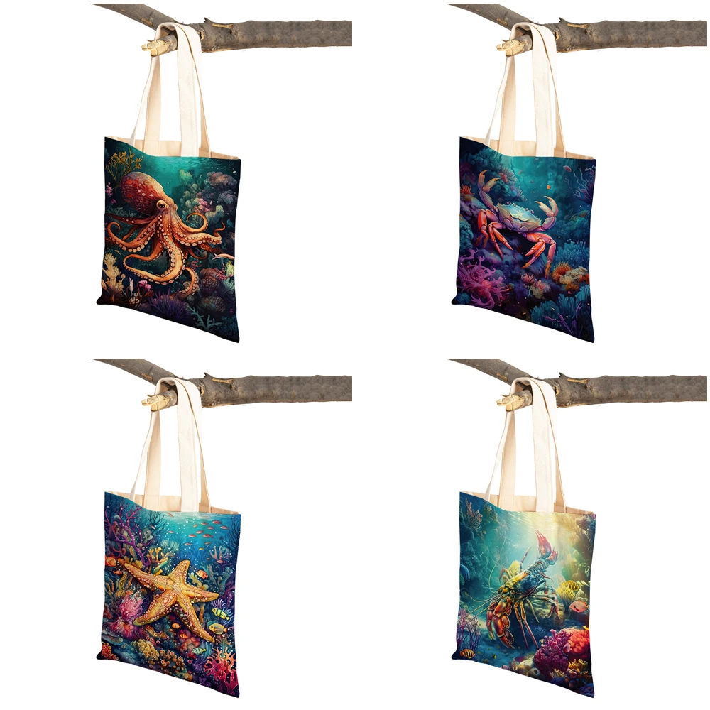 Bolsa de compras com impressão dupla para mulheres, tartaruga marinha, medusa, golfinho, tubarão, desenhos animados casuais, sacolas de viagem para meninas