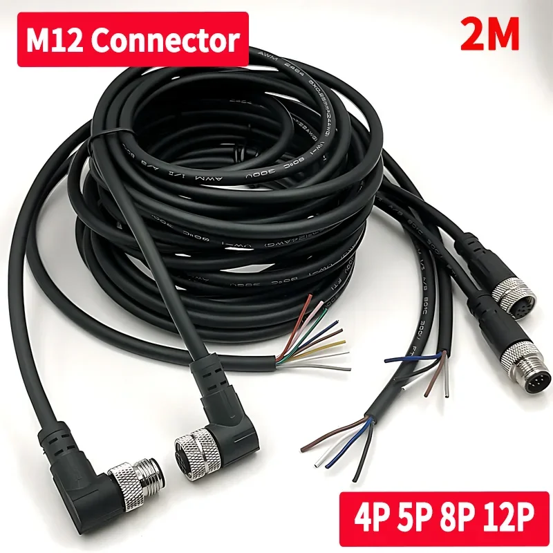 2 Meters M12 Sensor Connector Waterproof Cable Plug,Mal&Female, 4/5/8/12 - Pin,PVC Integrated - injection Molding M12 Connectors