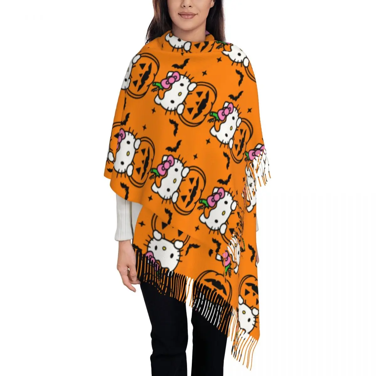 

Женский шарф с кисточками на день всех святых Hello Kitty, мягкая шаль, женские зимне-осенние шарфы