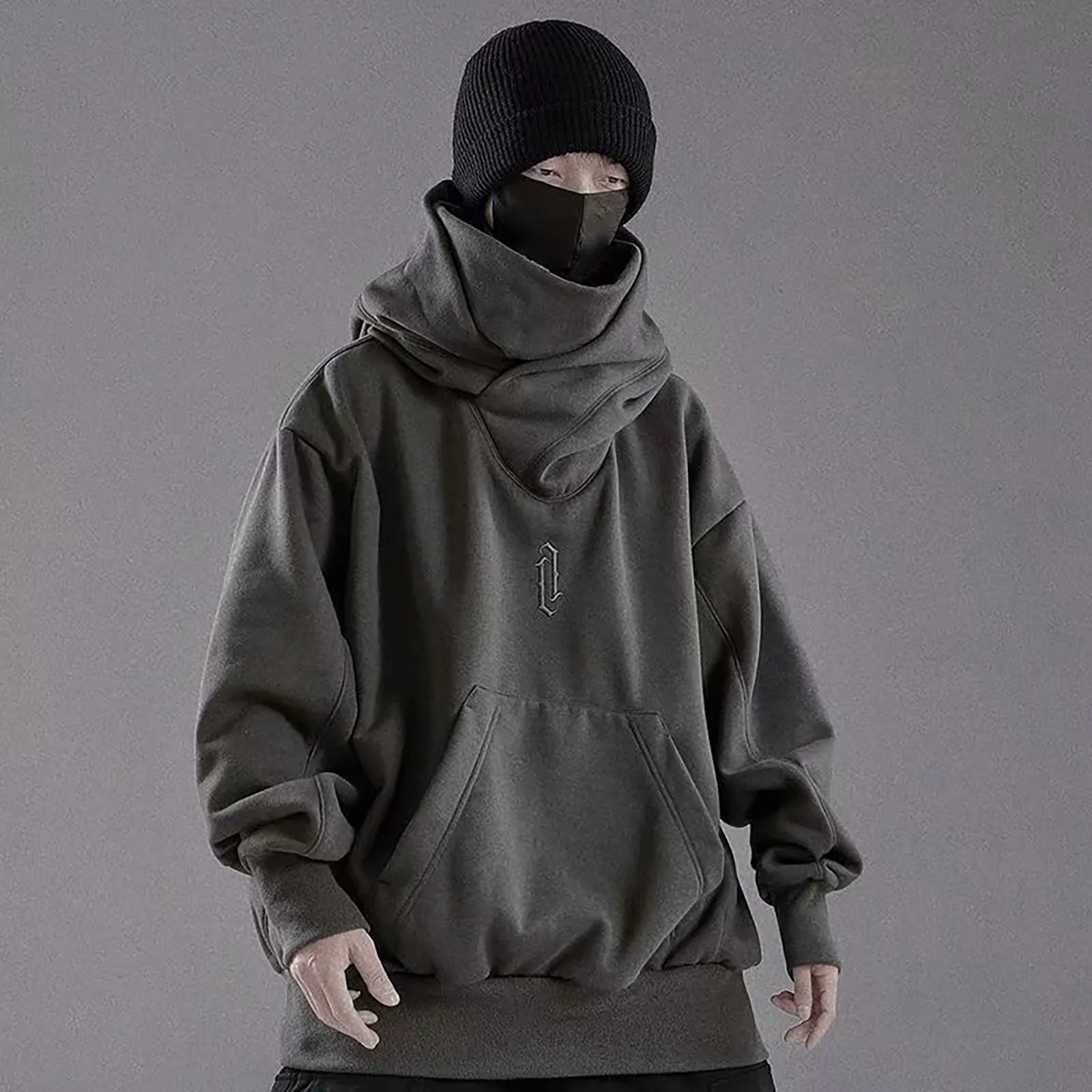 Man Vinatge Turtleneck Hooded Sweatshirt Gothic Punk Hip Hop Street Long Sleeve Pockets Pullovers Tops Autumn Winter Warm Clothe