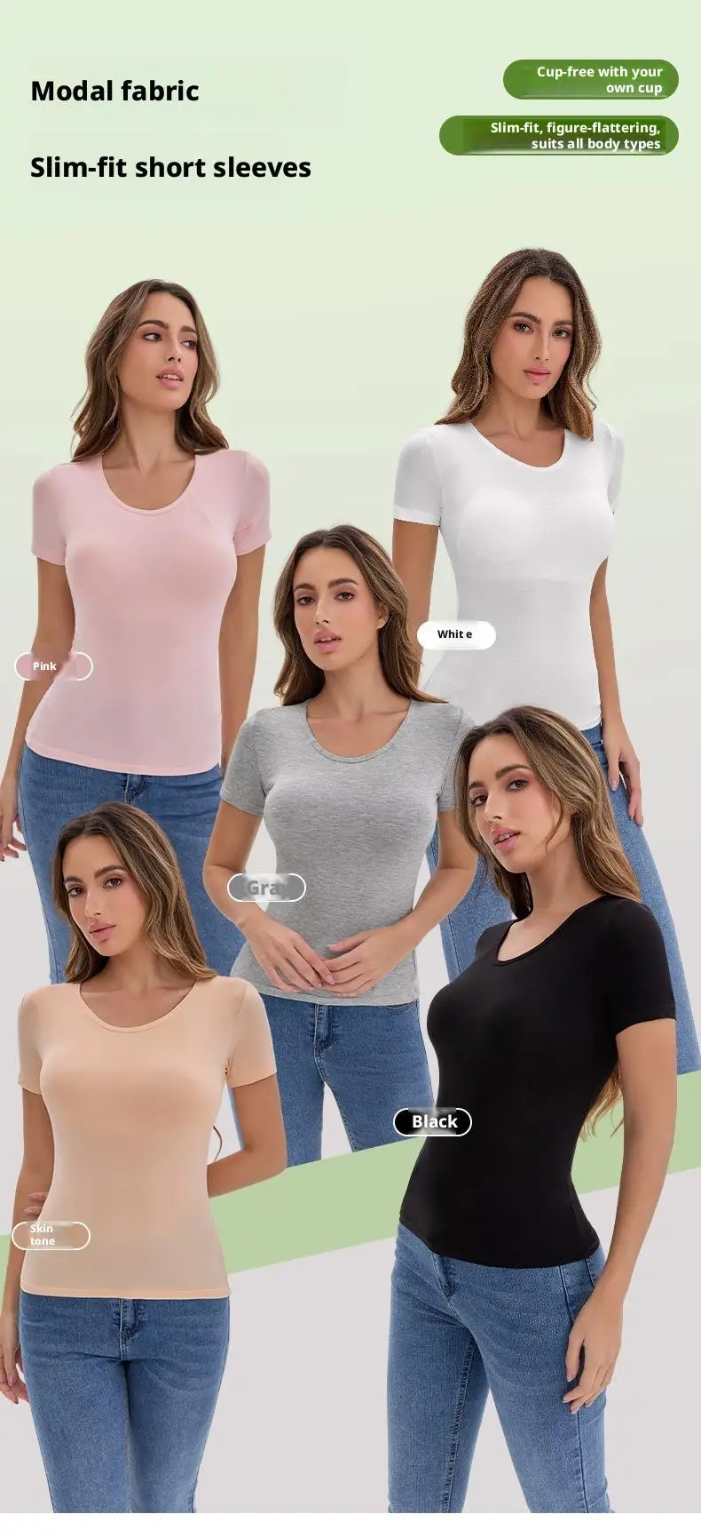 Ubowen Für 40-90 kg große Frauen, Übergrößen-T-Shirt mit kurzen Ärmeln, integriertem BH, Rundhalsausschnitt und festem Körbchen. – Detail 1