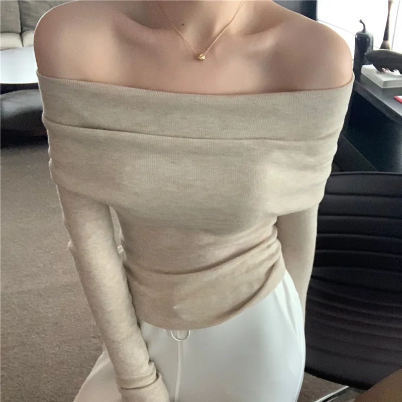 Black Solid Off Shoulder Elegant Long Sleeve Tops Korean Fashion Slim Sexy Cropped T Shirt Women Autumn Y2k Clothing Skinny Top