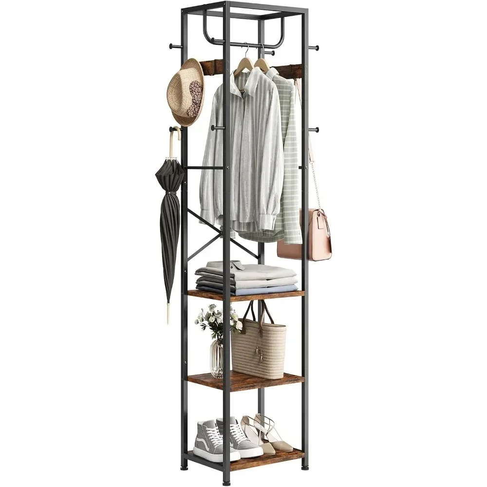 Coat rack, hall tree with 3 storage shelves and 12 hooks, industrial hanger rack organizer for bedrooms, hallways, offices