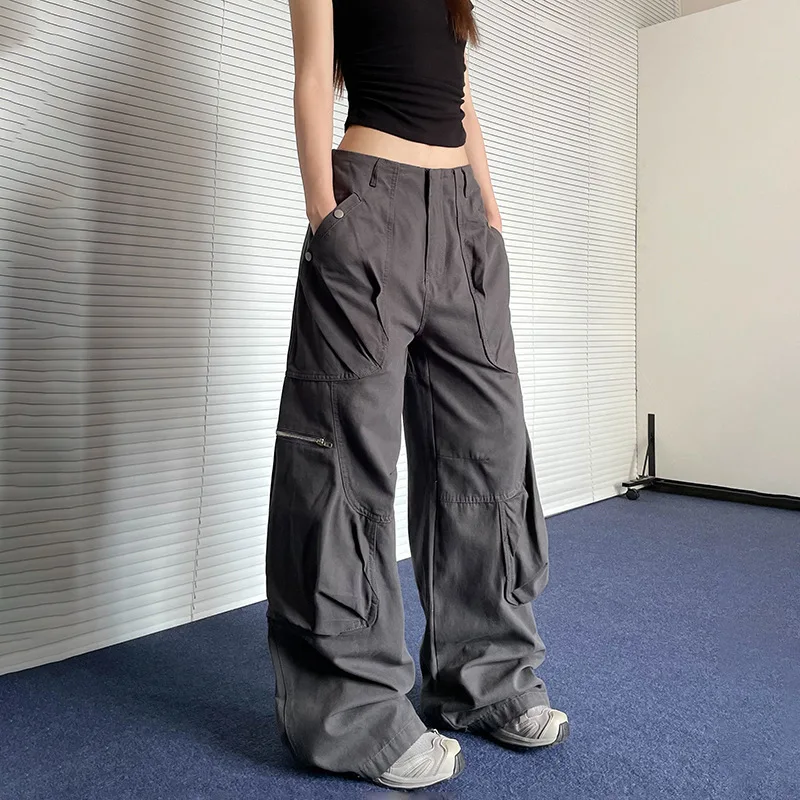 미국 레트로 와이드 레그 워크 팬츠 여성용 루즈 스트레이트 캐주얼 바지 카키색 스트리트 스타일 하이웨이스트 팬츠