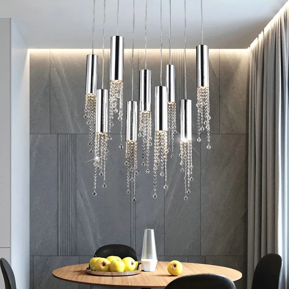 

Modern Chrome Crystal Ceiling Chandelier for Dining Room Long Loft Staircase Large Hallway Lobby Kitchen Island Indoor Lighting