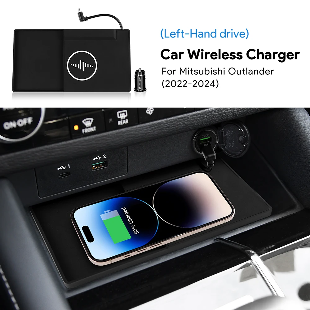 For Mitsubishi 2022 2023 2024 Car Wireless Charger Pad Fast Charging Center Console Organizer Interior Modification Accessories