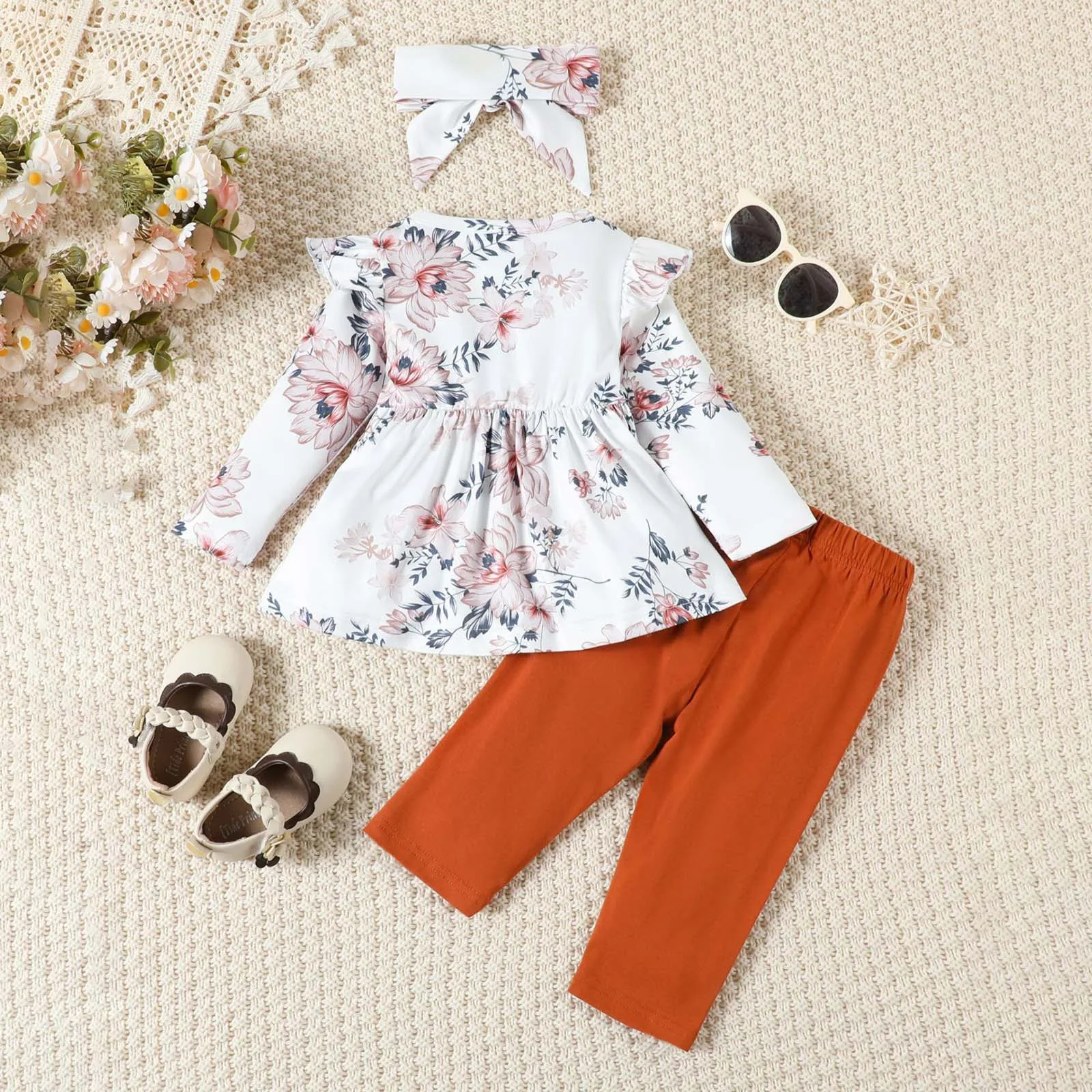 

Spring Summer Baby Girl Outfit Set New Long Sleeve Floral Top Pants Headband Set Cute Casual Three Piece Set Kids Clothing Sets