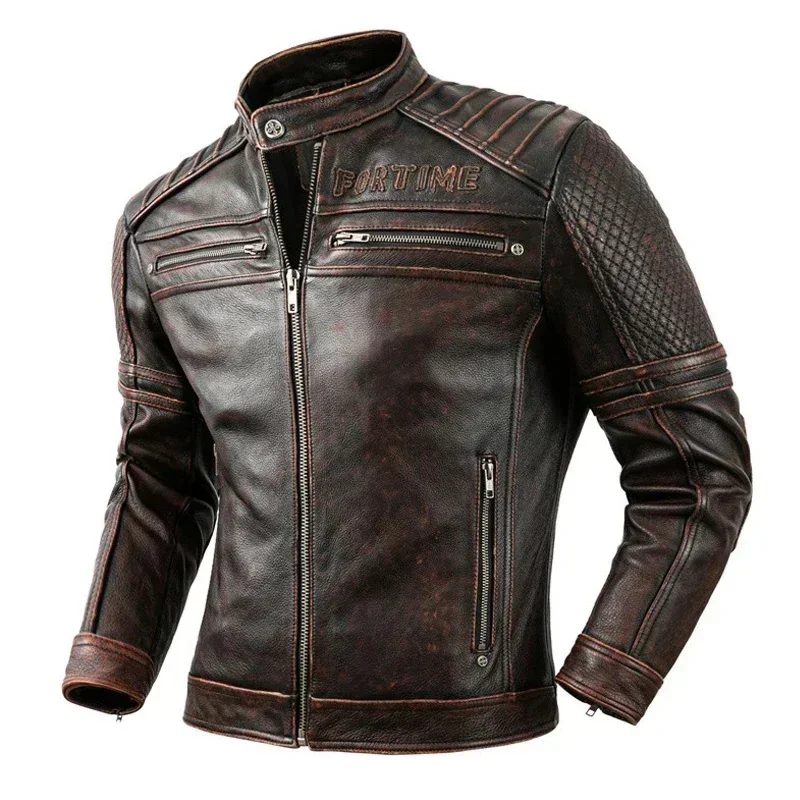 Mens Motorcycle Jacket Genuine Leather Coats Moto Biker Jackets Vintage Calf Skin Real Racer Clothing