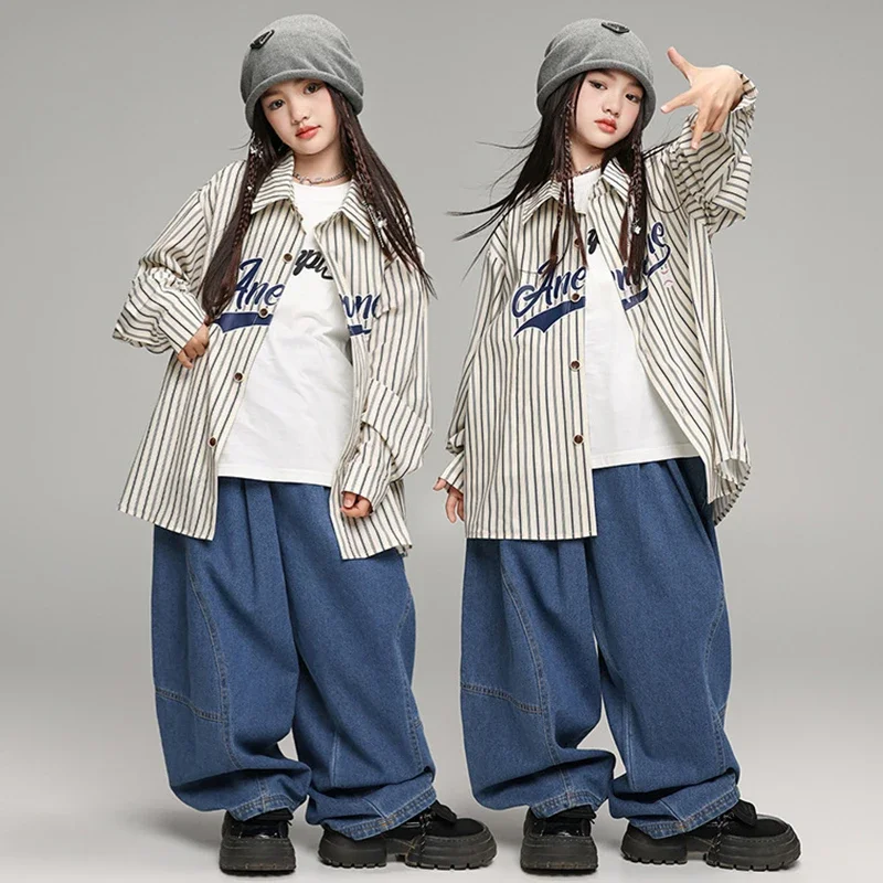

Girls Hip Hop Dance Costume Oversize Strip Shirt Denim Pants Kids Street Dance Clothes Hip Hop Dancer Stage Wear Streetwear