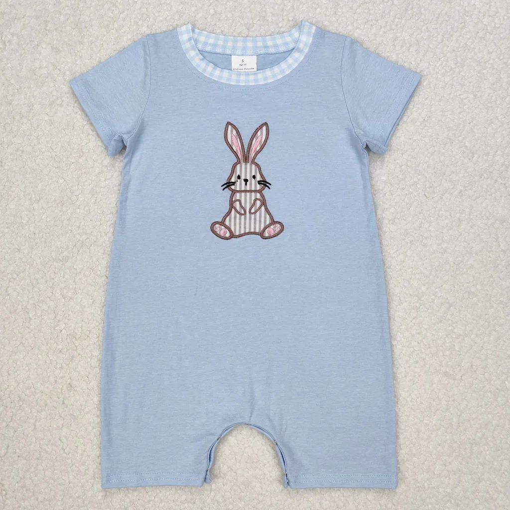 

SR2404 Embroidery Easter Rabbit Blue Baby Boys Romper