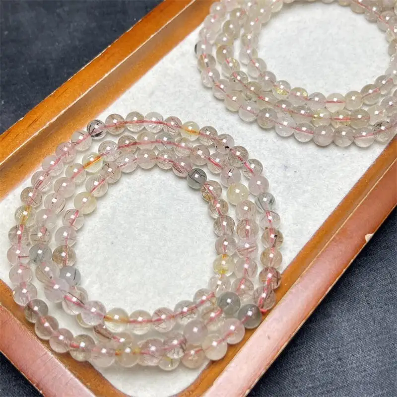 6MM Natural Colored Rutilated Quartz Triple Circle Bracelet Women Healing Gemstone Crystal Strand Lovers Jewelry Gift 1PCS