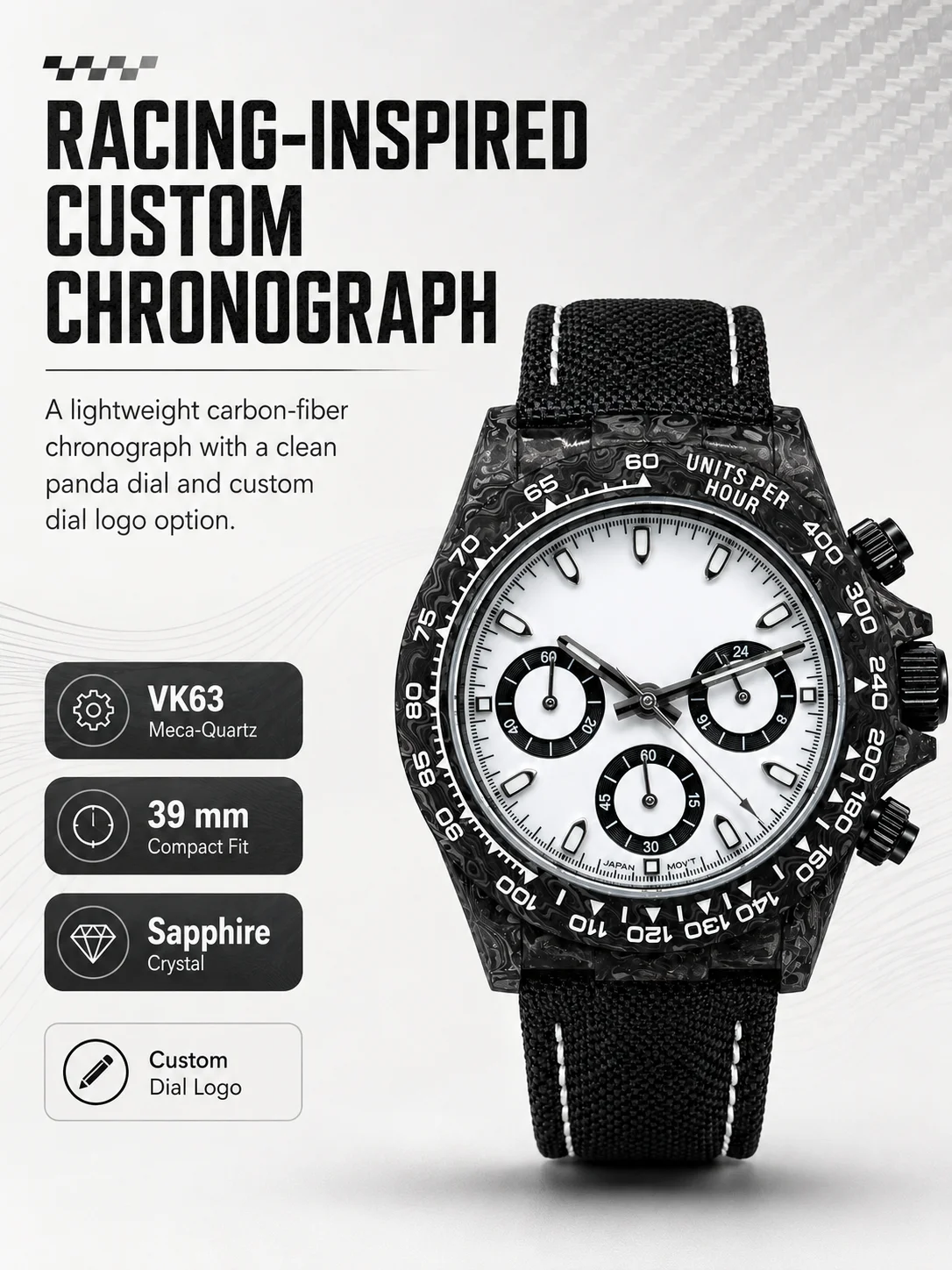 Benutzerdefiniertes Logo Carbonfaser-Chronographenuhr 39mm VK63 Meca Quarz Saphirglas Private Label Rennuhr – Detail 1