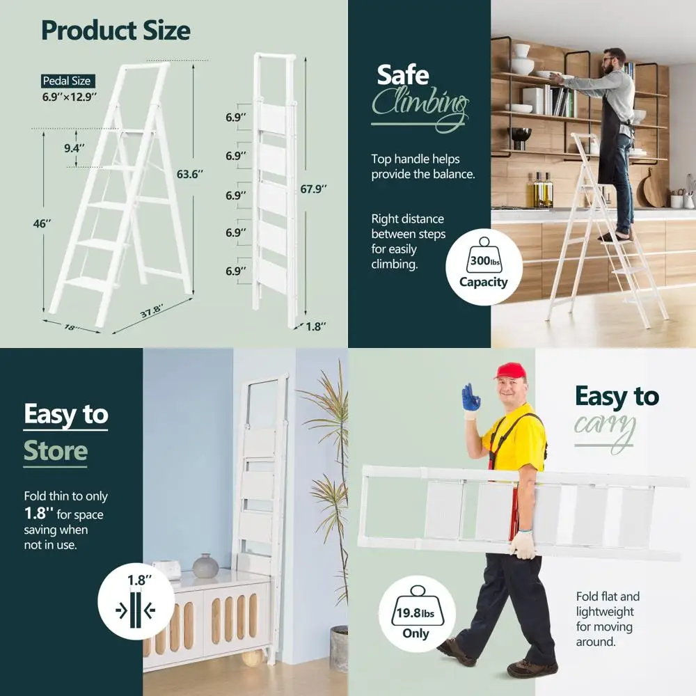 

10ft Reach Folding Step Ladder, Anti-Slip, Lightweight, Easy Storage, Holds 300lbs - White