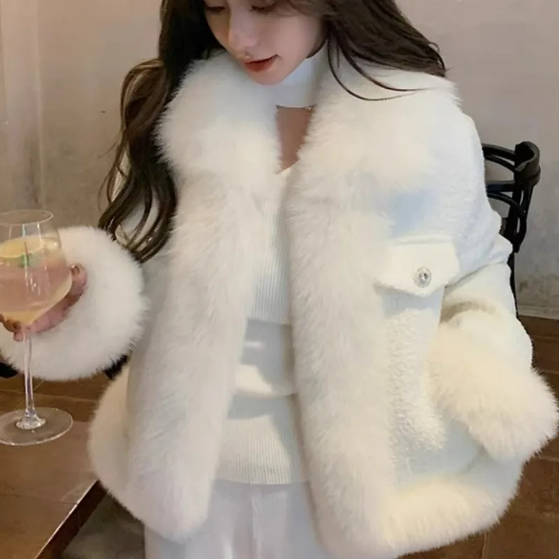 

iny Fraance Fur Coat Women's Autumn Winter New Splicing Thiened Woolen Environmental Simulation Fur Top Loose Fit