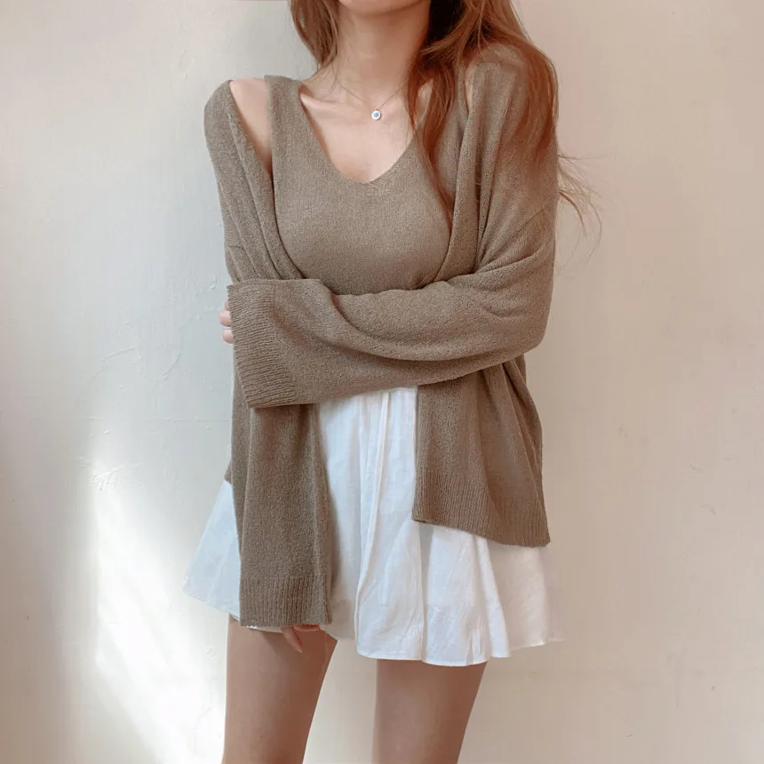 Women's Thin Knitted Sweater Sun Protection Open Cardigan Vest Outerwear V-ne Long Sve Pure Color Spring Autumn New Sle