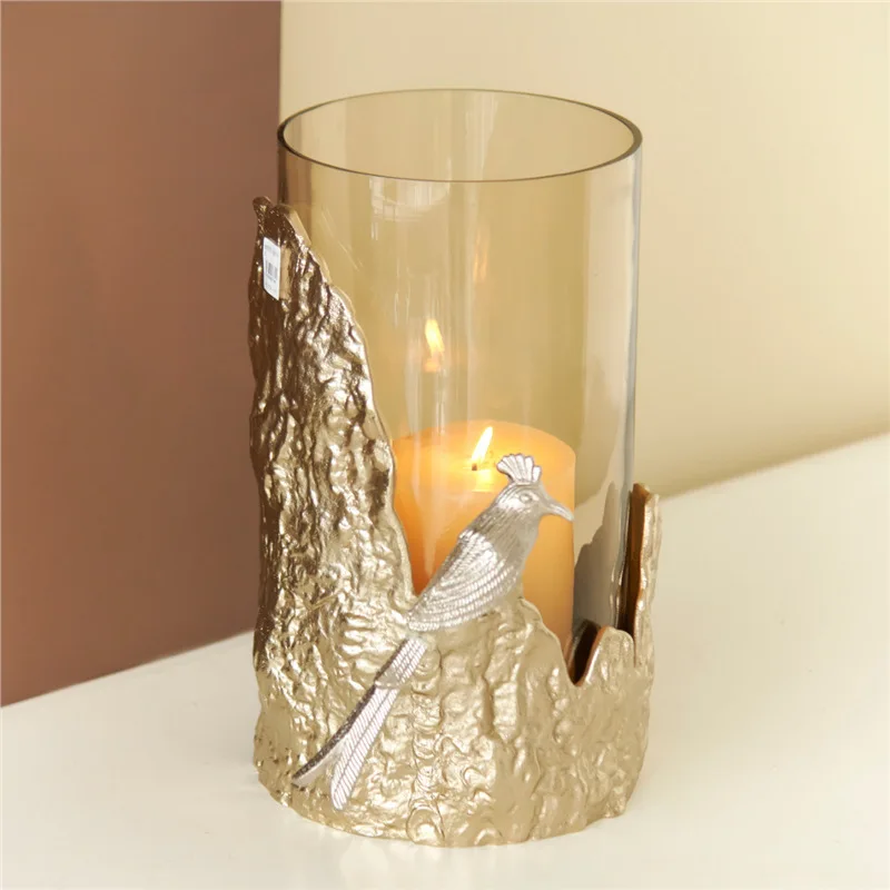 Indian craft aluminum bird embellishment gold branch glass candlestick ornament, high-end exquisite candle cup ornament