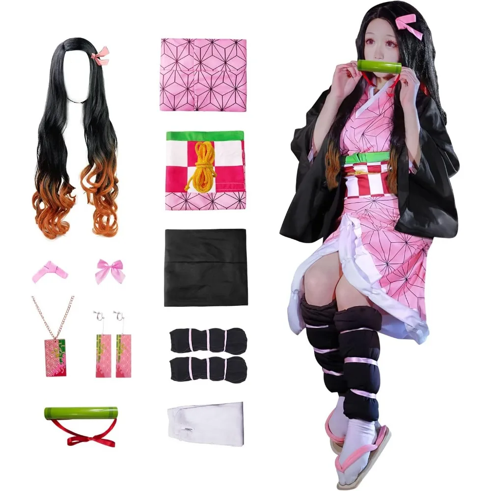 

Demon Killer Anime Nezuko Cosplay Kamado Cosplay Costume Wig Uniform with Props for Adult Kids Halloween Carnival Costumes