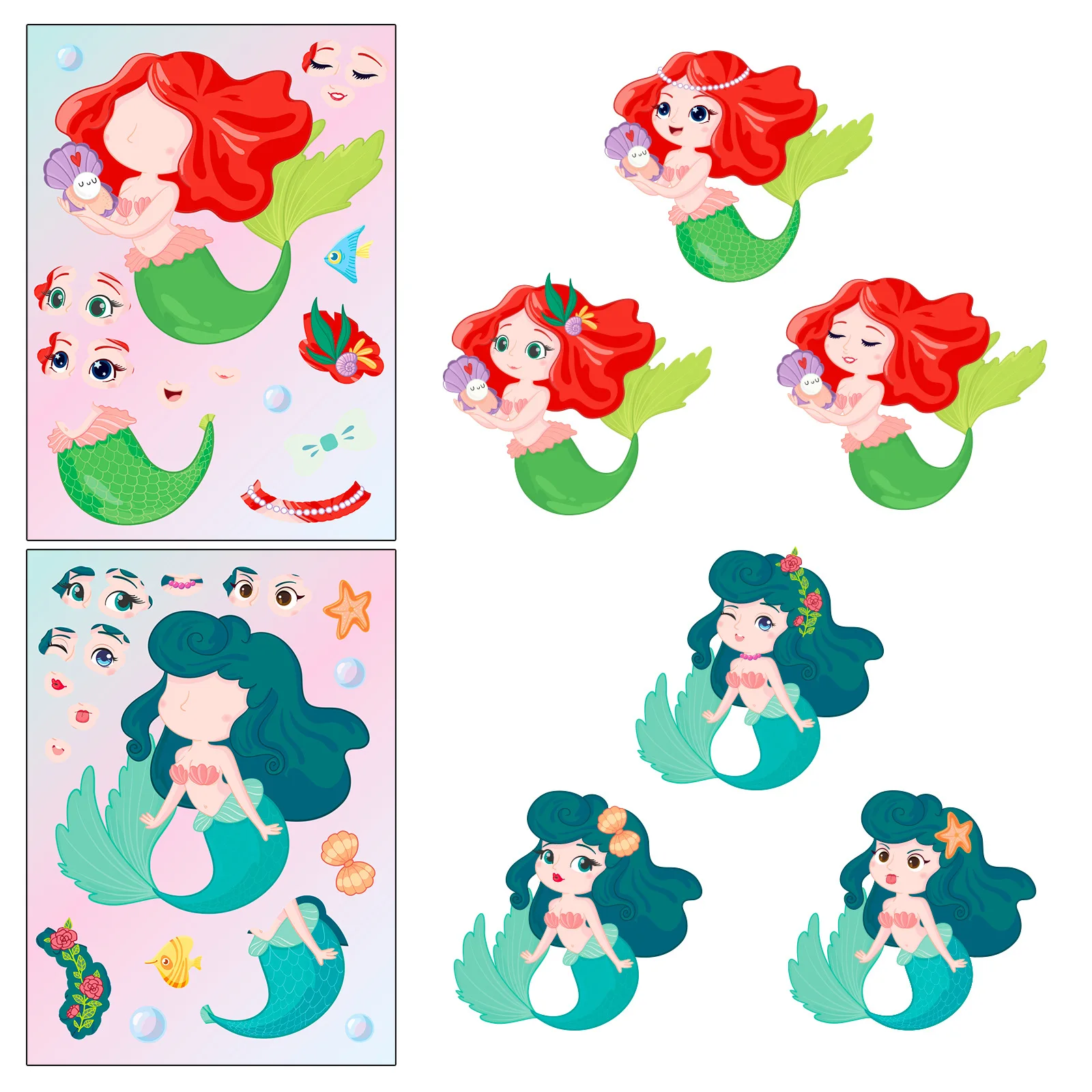 6Sheets Children DIY Puzzle Sticker Games 6 Mermaids Make A Face Funny Assemble Jigsaw Stickers Kids Educational Toys