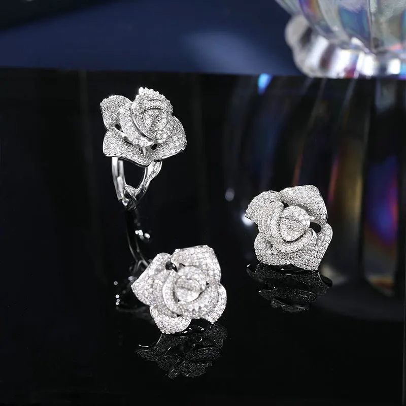 3D Camellia Micro Inlaid Full Zircon for Women Index Finger Ring Earrings Vintage Exaggerated Rose Flower Jewelry Set